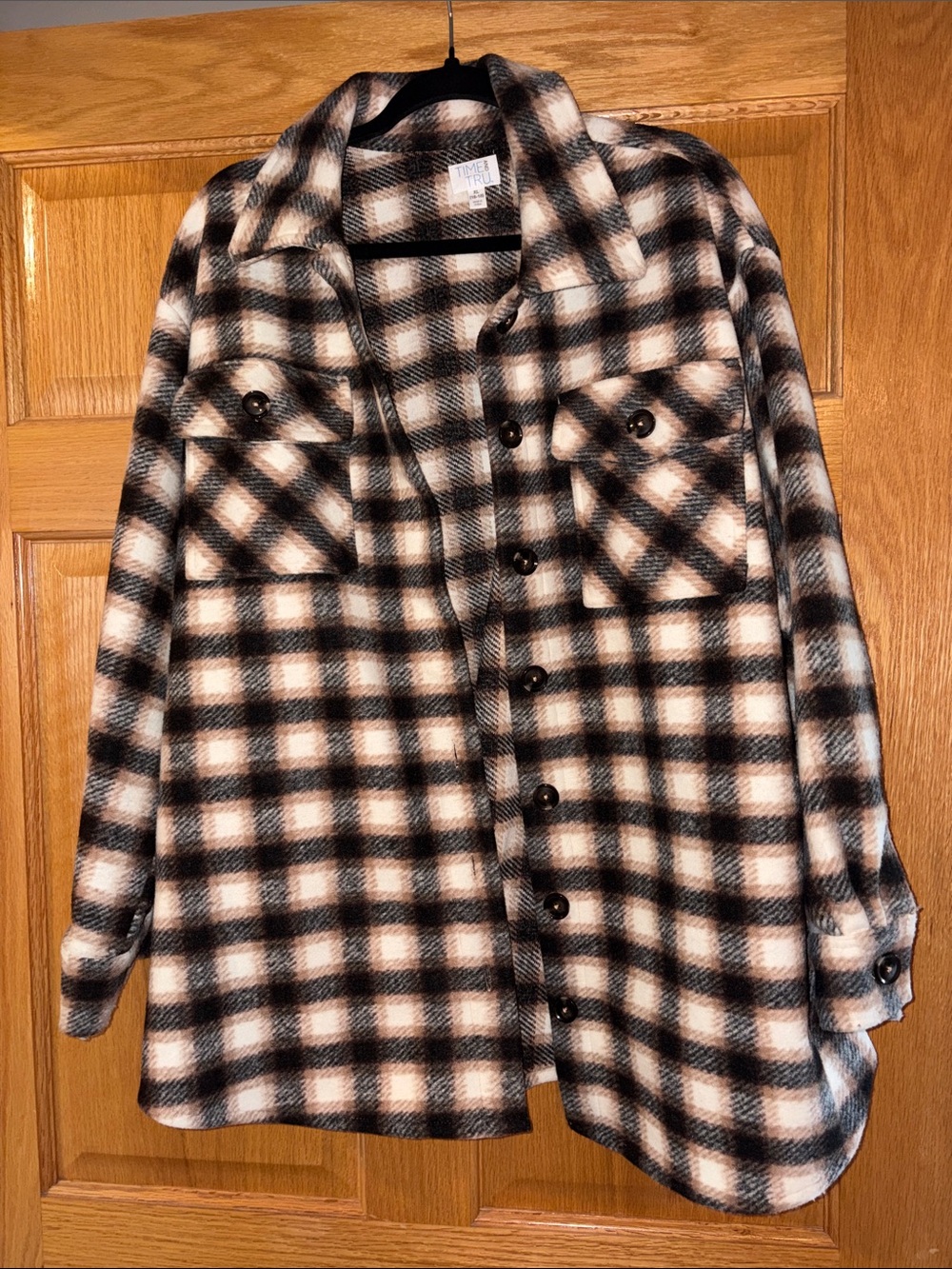 Time and Tru Black and Cream Plaid Utility Shacket